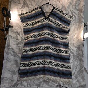90s Vintage Mexican Blanket Style Poncho One Size Hooded Woven Southwest